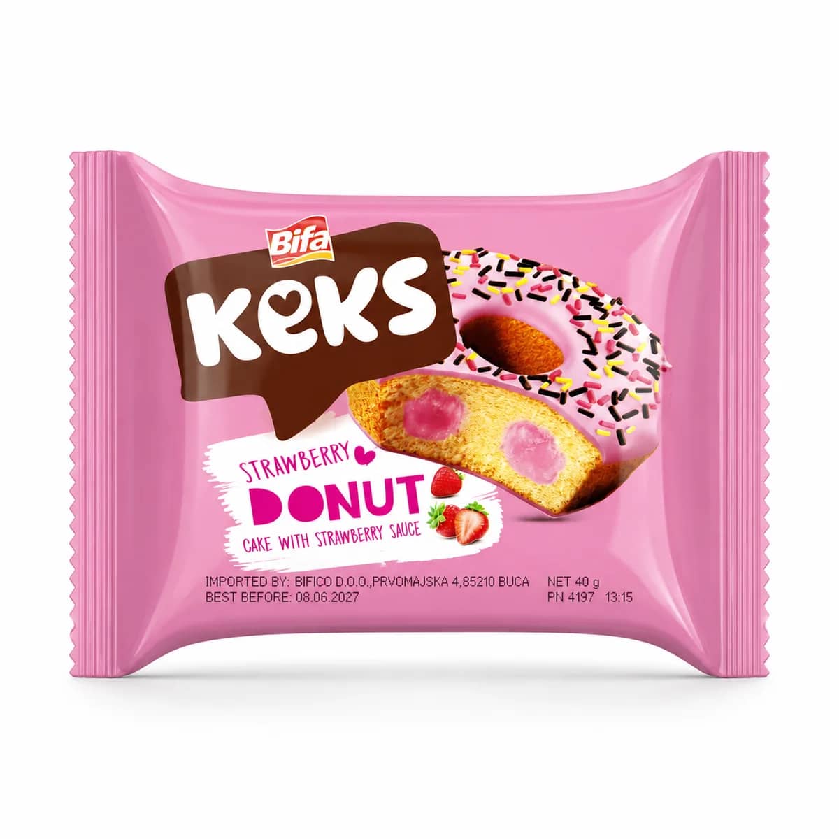 Prăjitură Bifa Keks Donut cu glazură și cremă de căpșuni 40 g